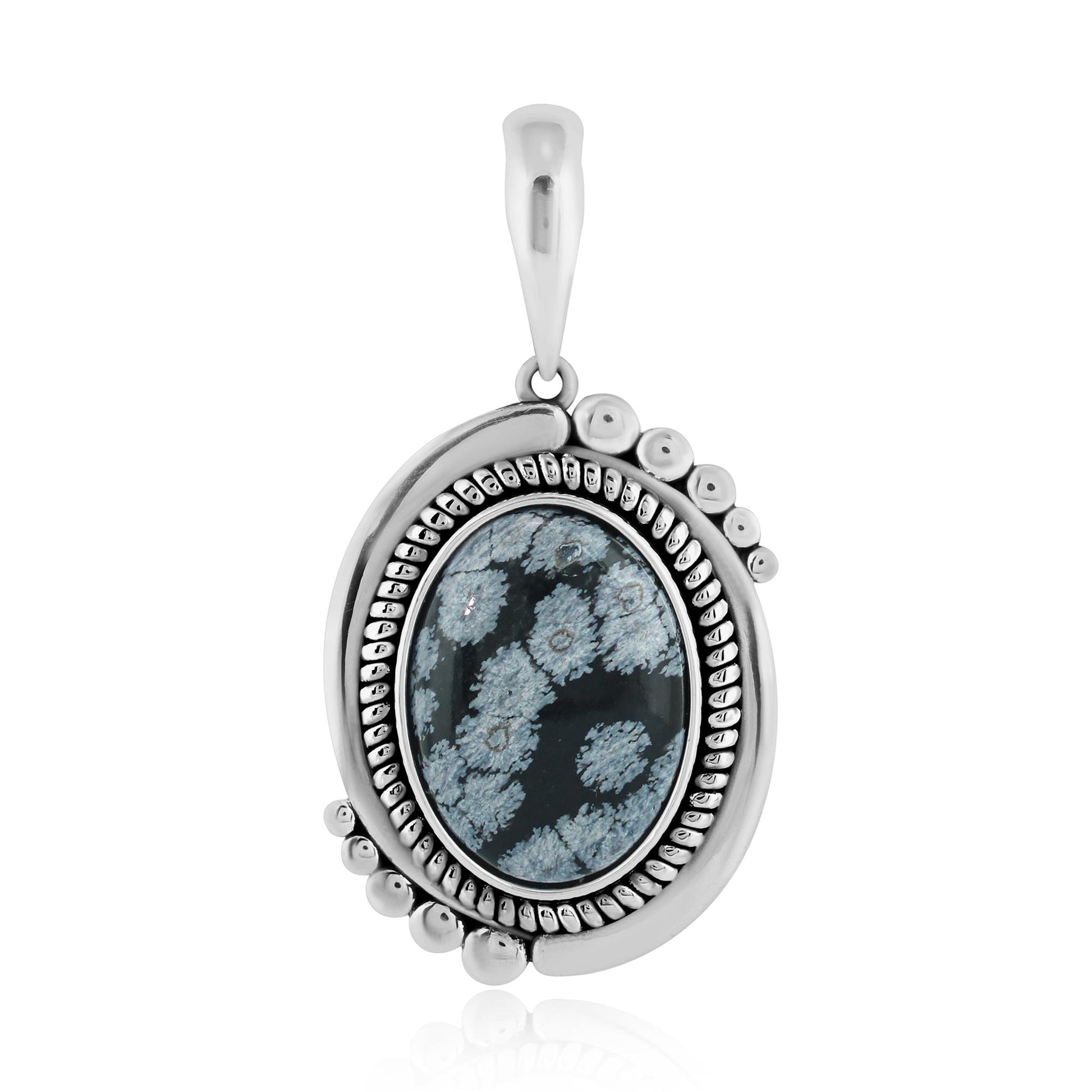 Sterling Silver Oval Snowflake Obsidian Rope Pendant Enhancer