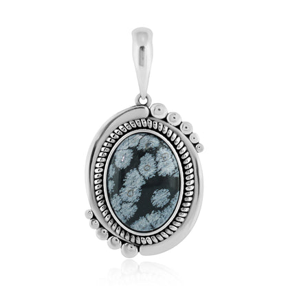 Sterling Silver Oval Snowflake Obsidian Rope Pendant Enhancer