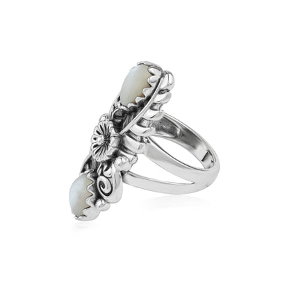  Sterling Silver White Mother of Pearl Pear-Cut Leaf and Flower Ring 