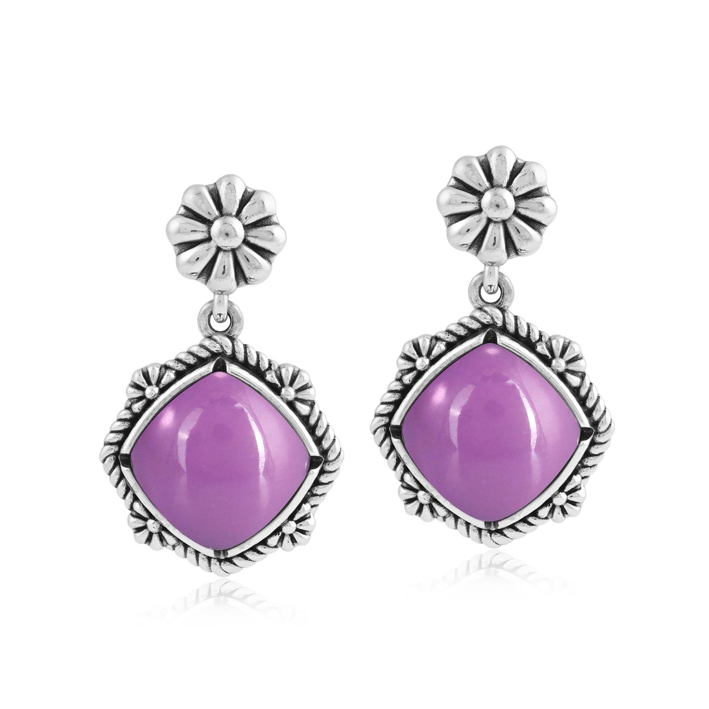 Sterling Silver Phosphosiderite Cushion-Cut Concha Flower Post Earrings 