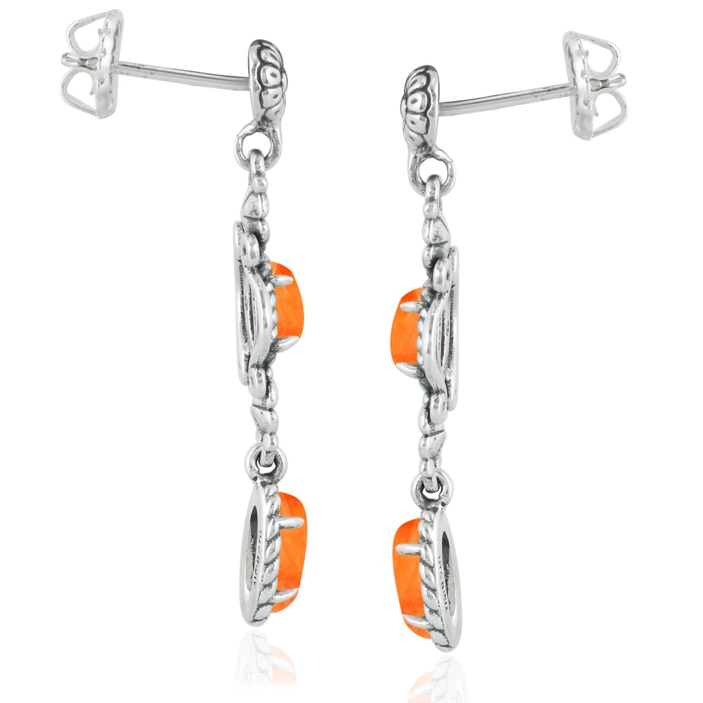 Sterling Silver Orange Spiny Oyster Gemstone Floral Dangle Earrings