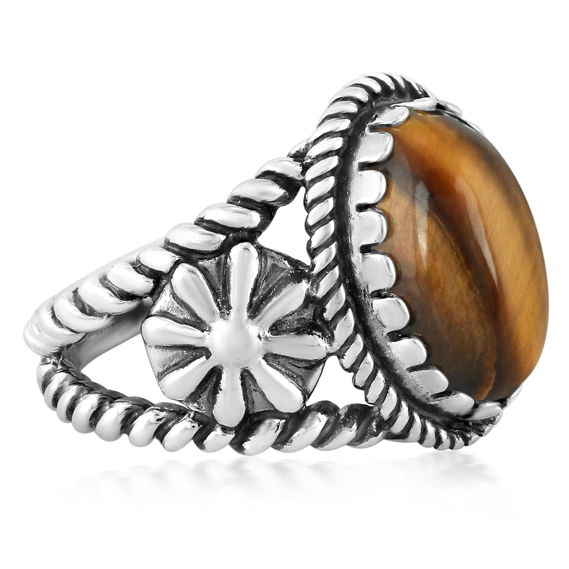 Sterling Silver Tiger's Eye Concha Flower Design Ring, Sizes 5 to 10