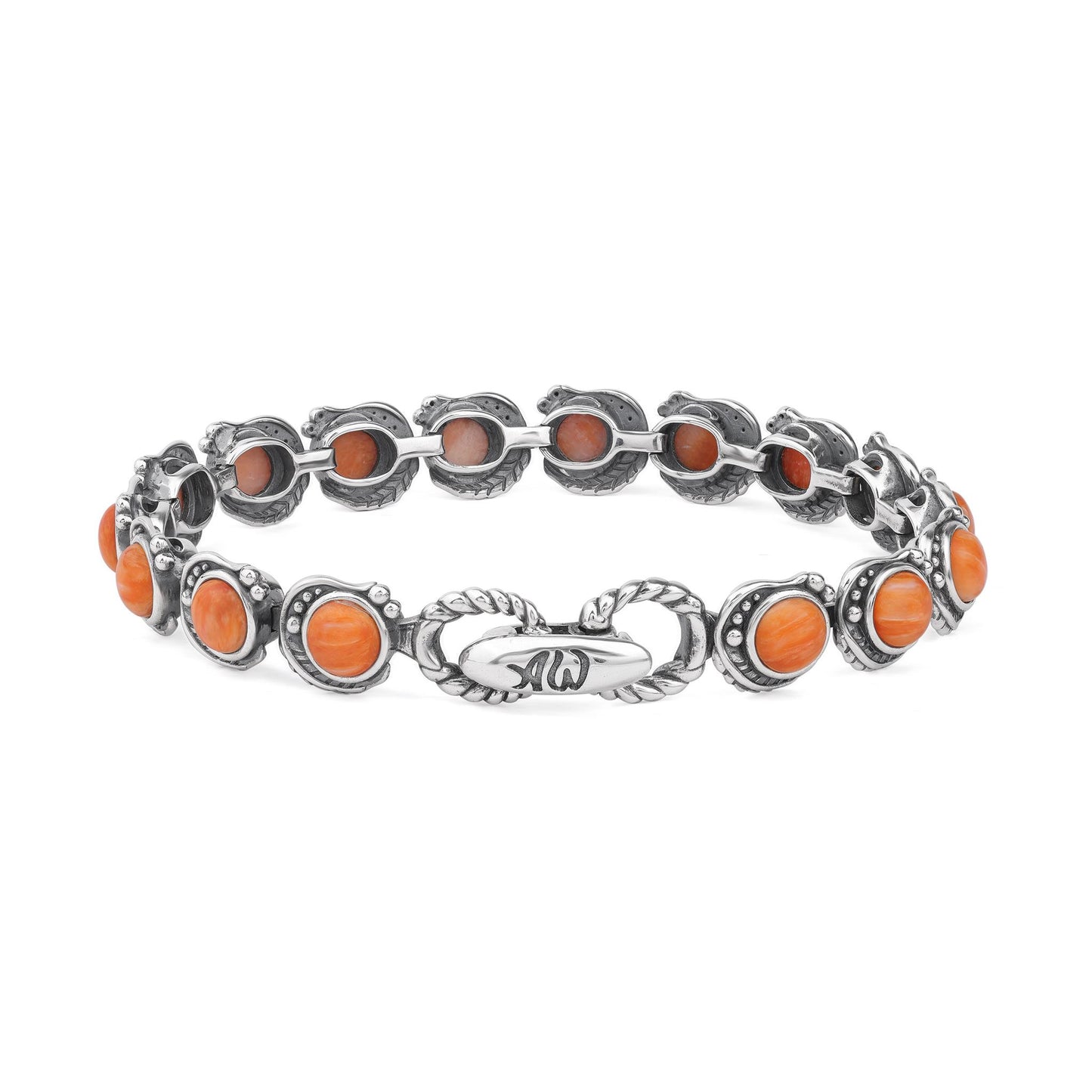 LIMITED EDITION! Sterling Silver Orange Spiny Oyster Round Cabochon Tennis Bracelet, Sizes Small to Large