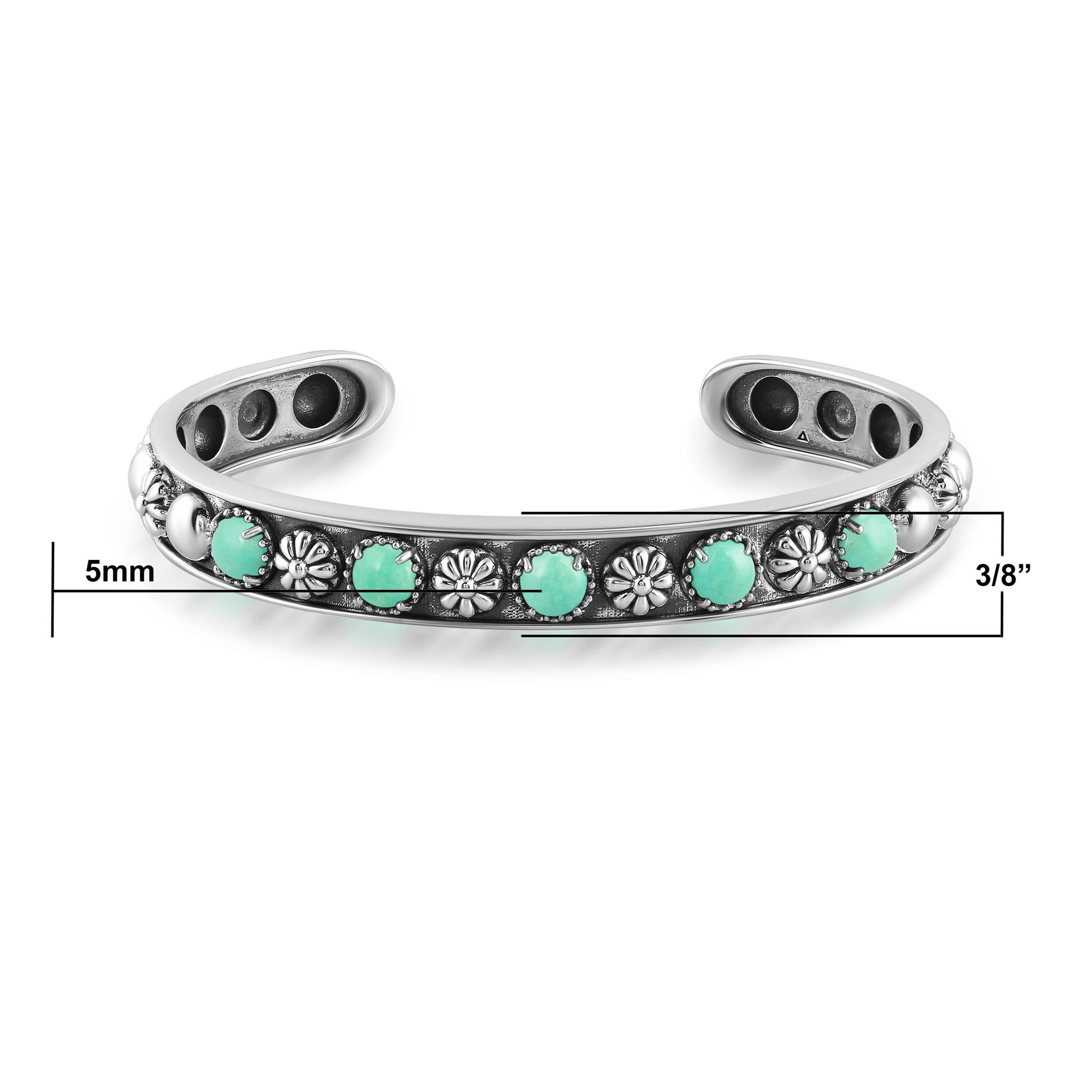 Sterling Silver Green Turquoise Concha Flower Narrow Cuff Bracelet