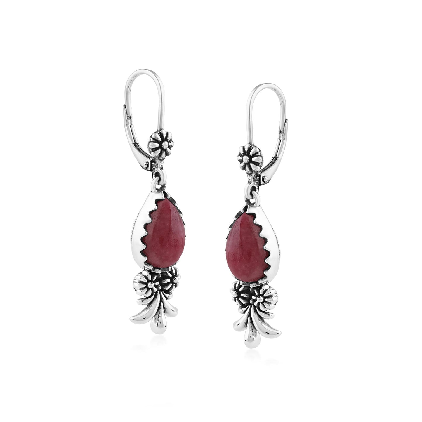  Sterling Silver Rhodonite Teardrop Concha Squash Blossom Dangle Earrings
