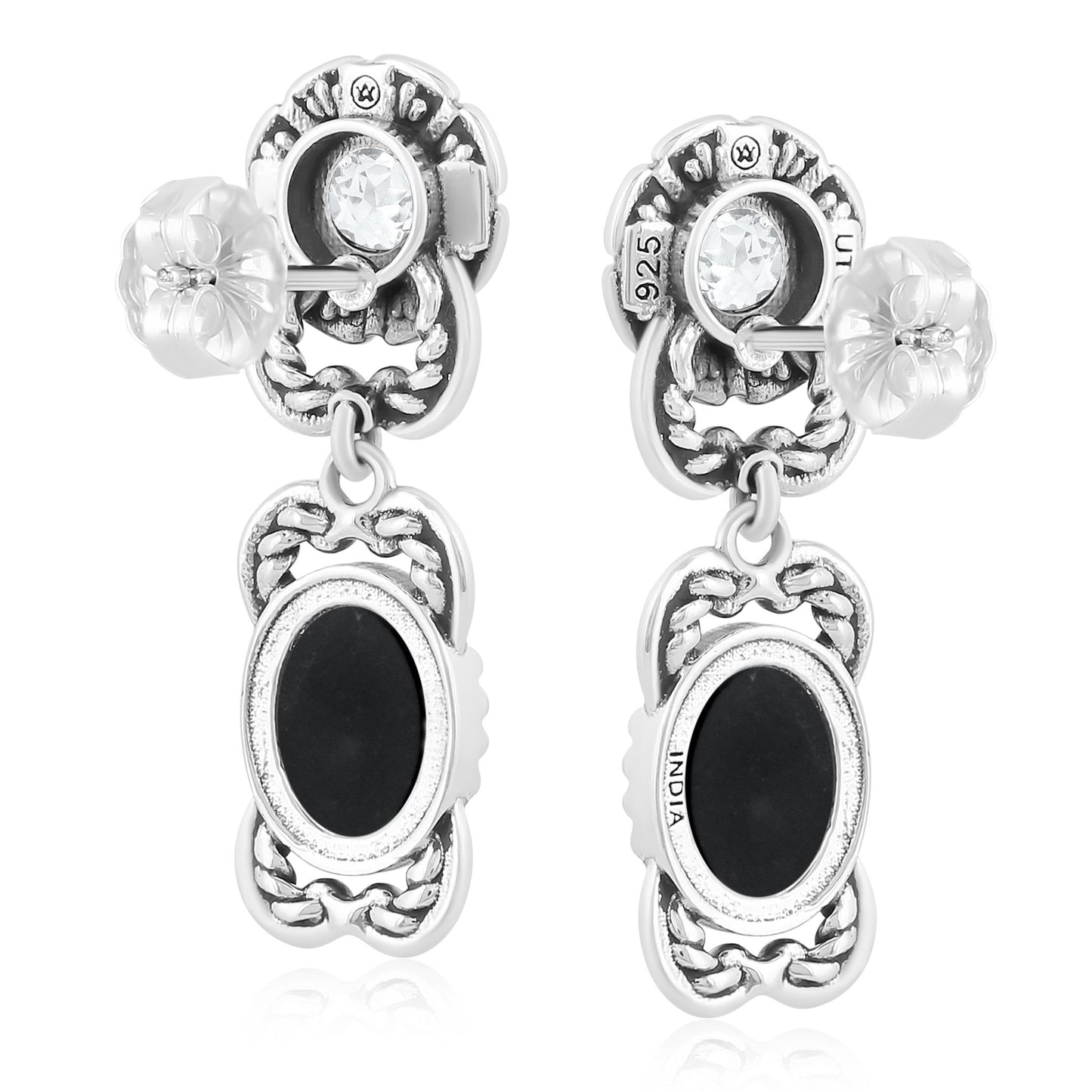 Sterling Silver Black Agate White Topaz Desert Bloom Dangle Earrings