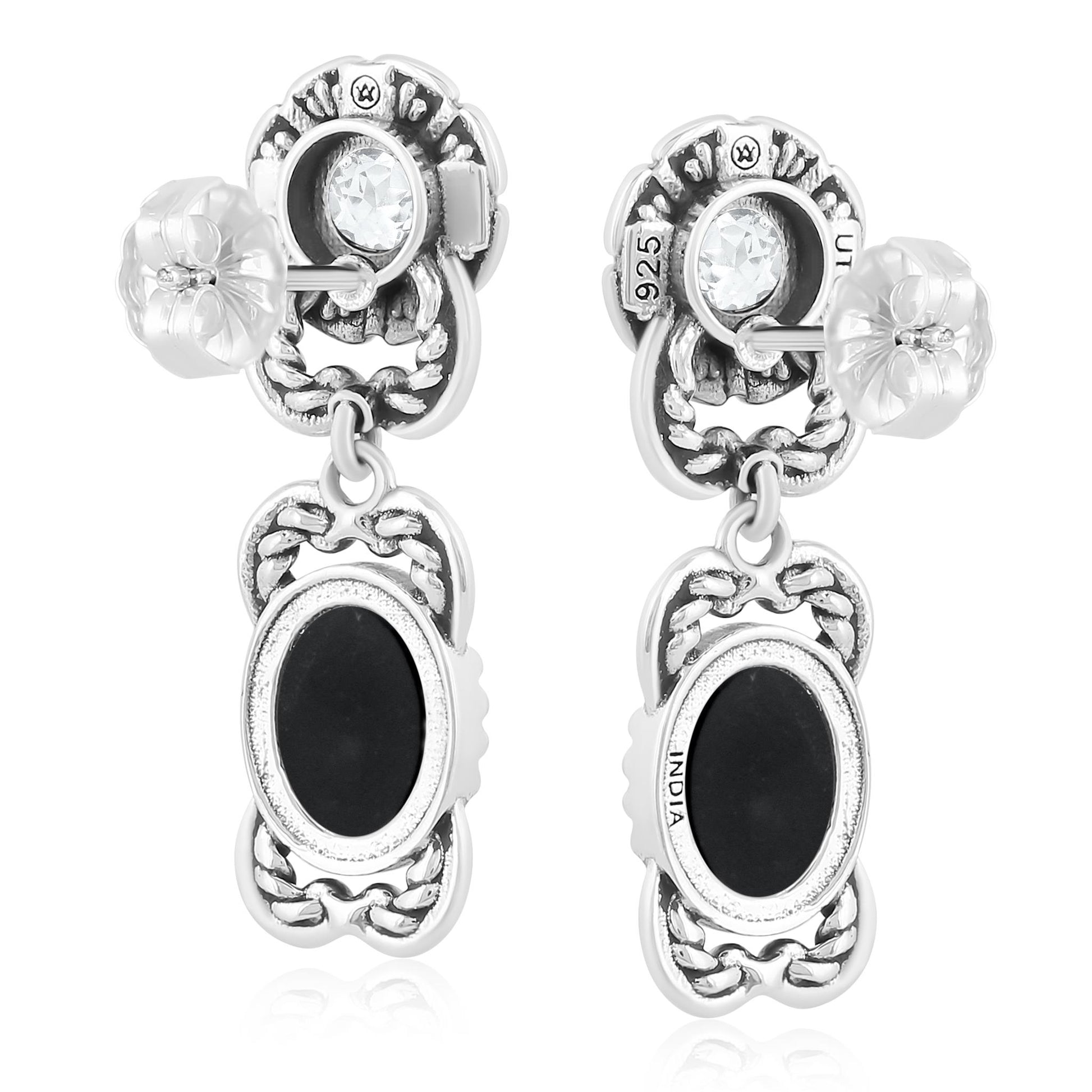 Sterling Silver Black Agate White Topaz Desert Bloom Dangle Earrings