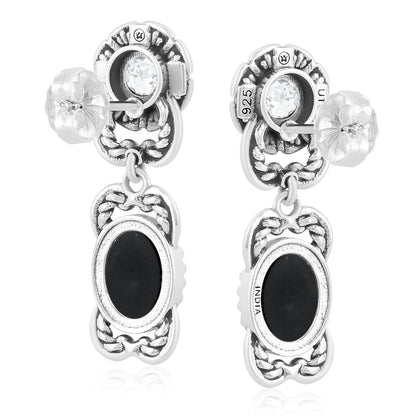 Sterling Silver Black Agate White Topaz Desert Bloom Dangle Earrings