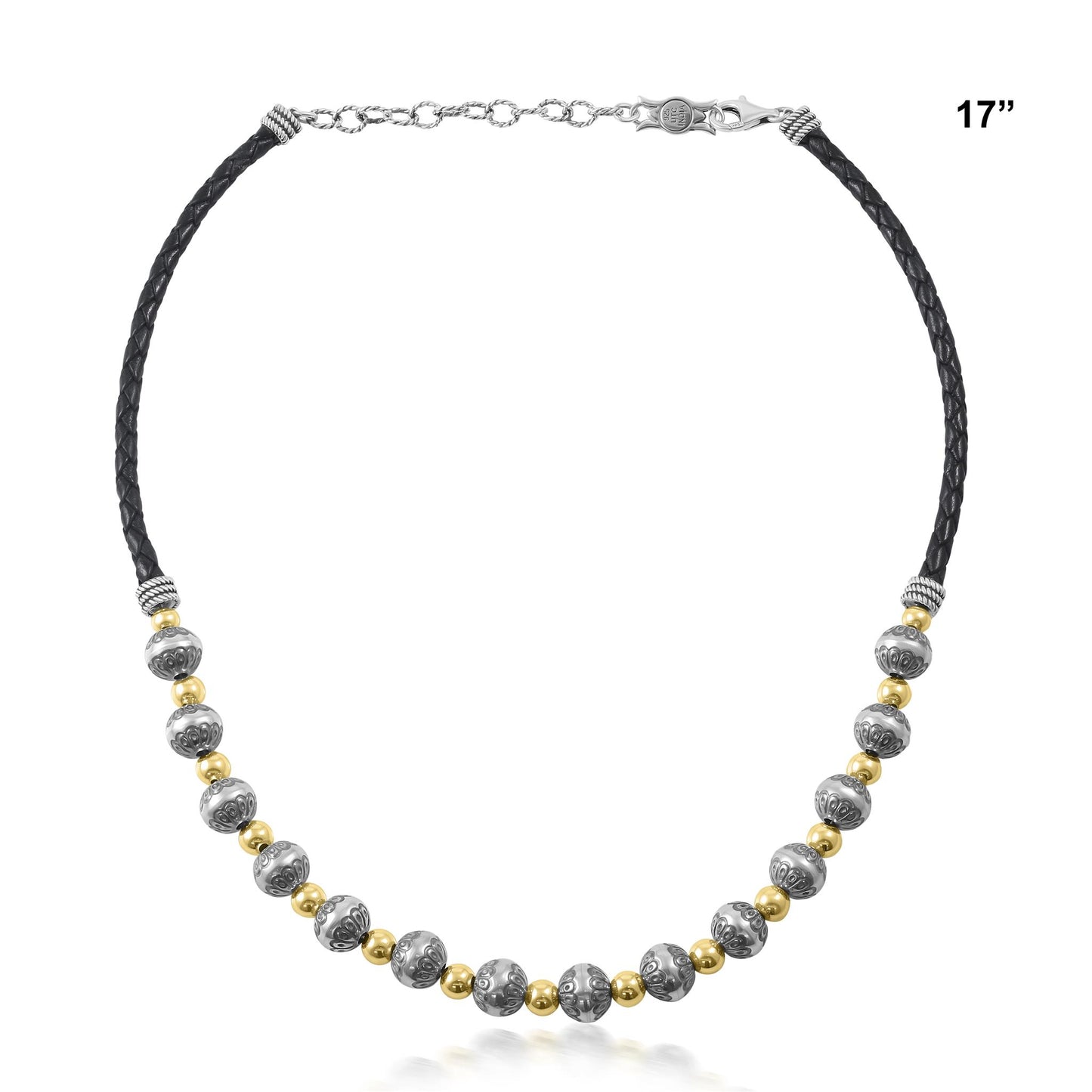 Sterling Silver and 14K Gold Black Leather 2-Tone Native Pearl Beaded Necklace