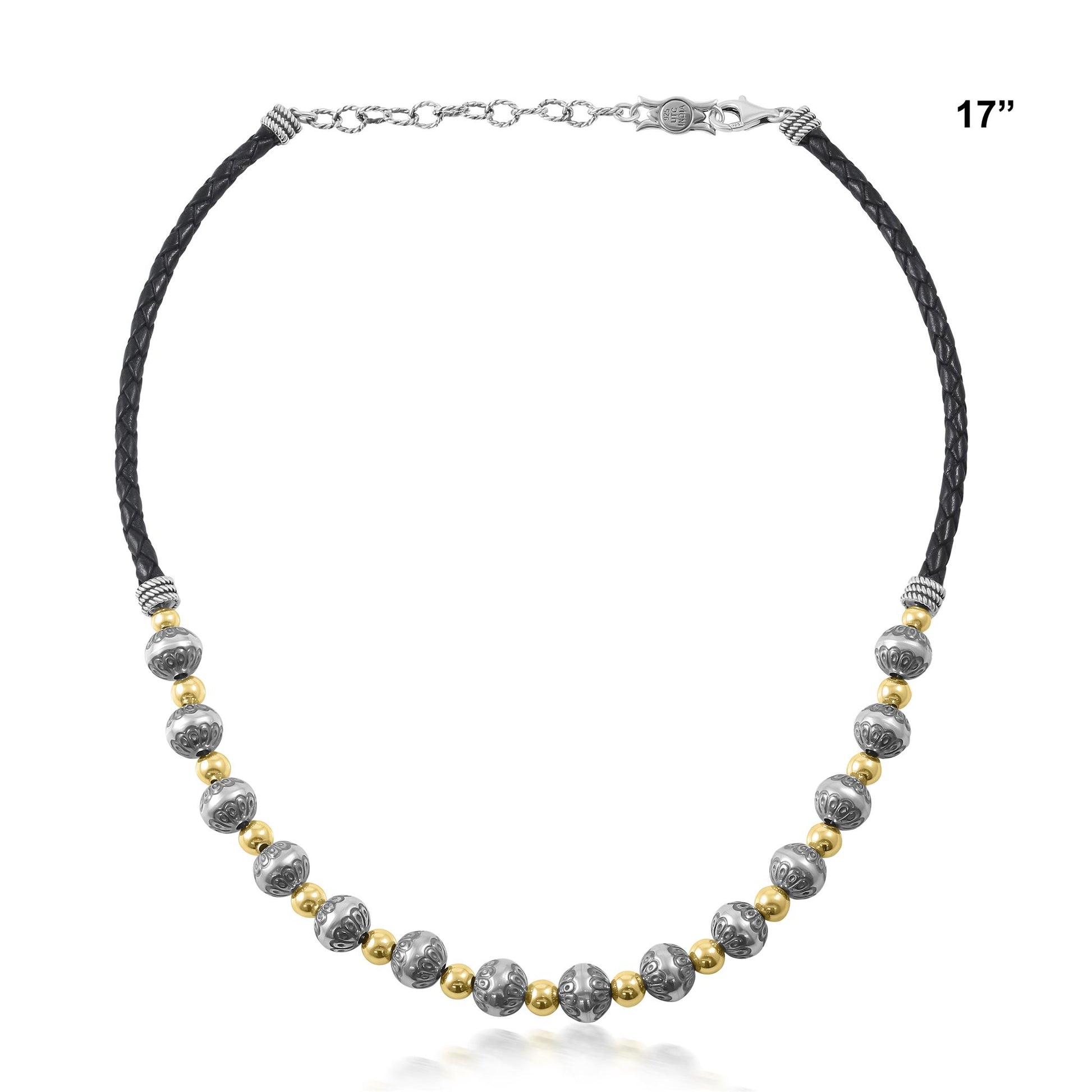 Sterling Silver and 14K Gold Black Leather 2-Tone Native Pearl Beaded Necklace