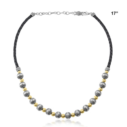 Sterling Silver and 14K Gold Black Leather 2-Tone Native Pearl Beaded Necklace