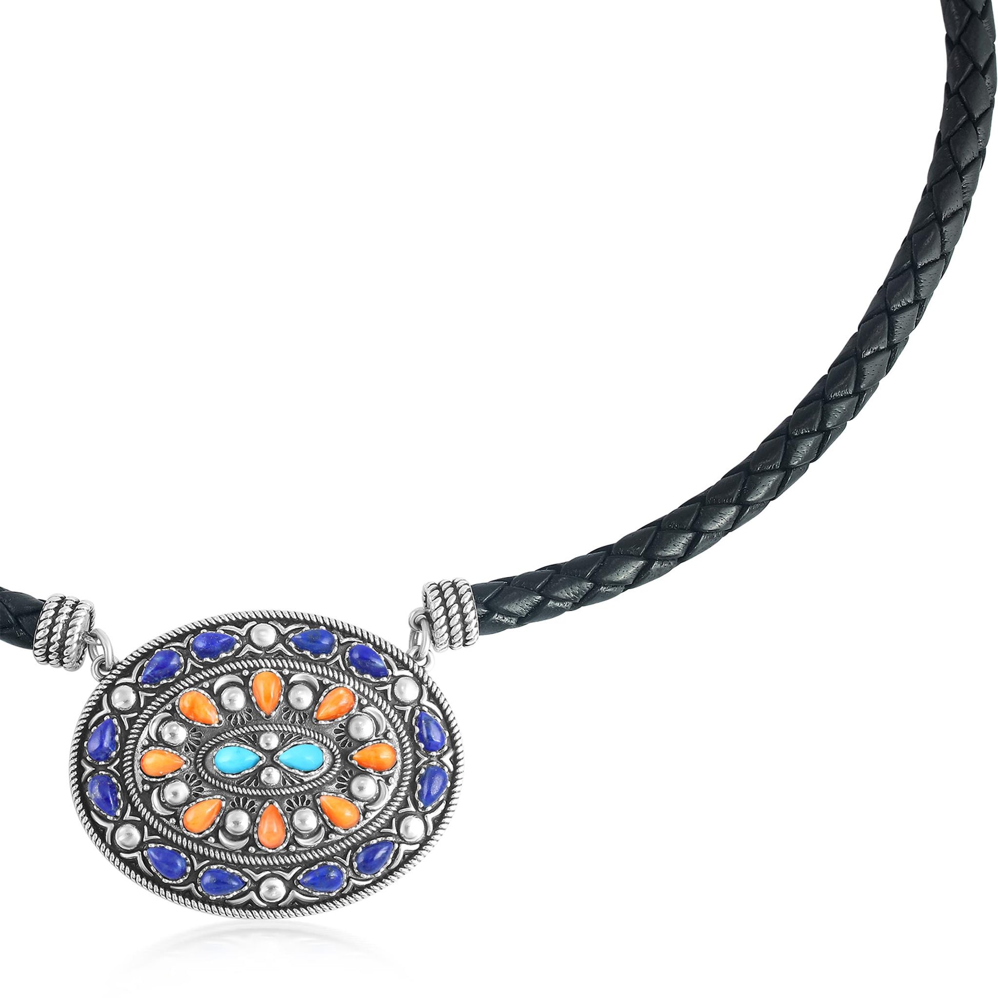 Sterling Silver Multi-Gemstone Oval Pendant Black Leather Necklace