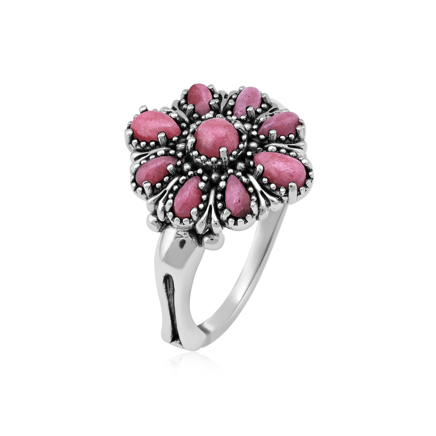  Sterling Silver Rhodonite Flower Cluster Ring, Sizes 5 to 10