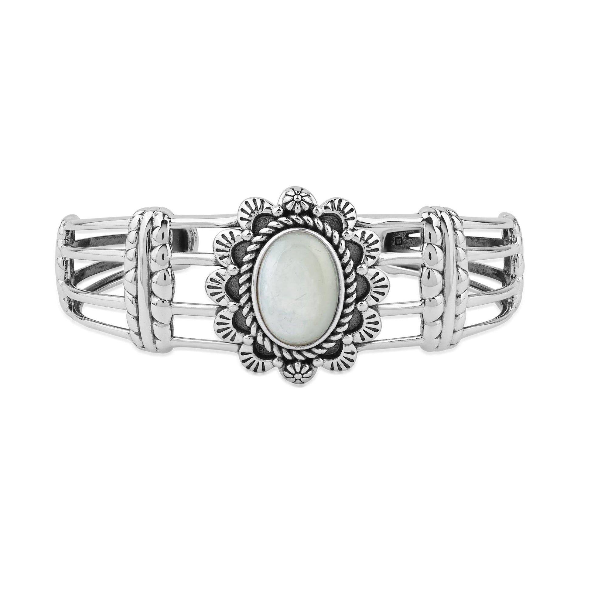  Sterling Silver White Mother of Pearl Oval Scallop Open Cuff Bracelet
