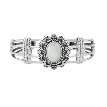 Sterling Silver White Mother of Pearl Oval Scallop Open Cuff Bracelet