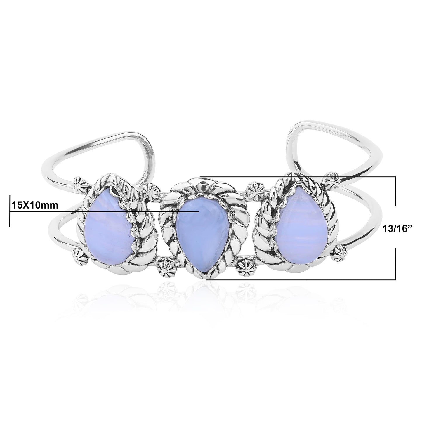 LIMITED EDITION! Sterling Silver Blue Lace Agate Pear Cut Rope Design Cuff Bracelet, Sizes Small to Large