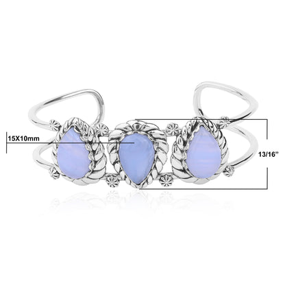 LIMITED EDITION! Sterling Silver Blue Lace Agate Pear Cut Rope Design Cuff Bracelet, Sizes Small to Large