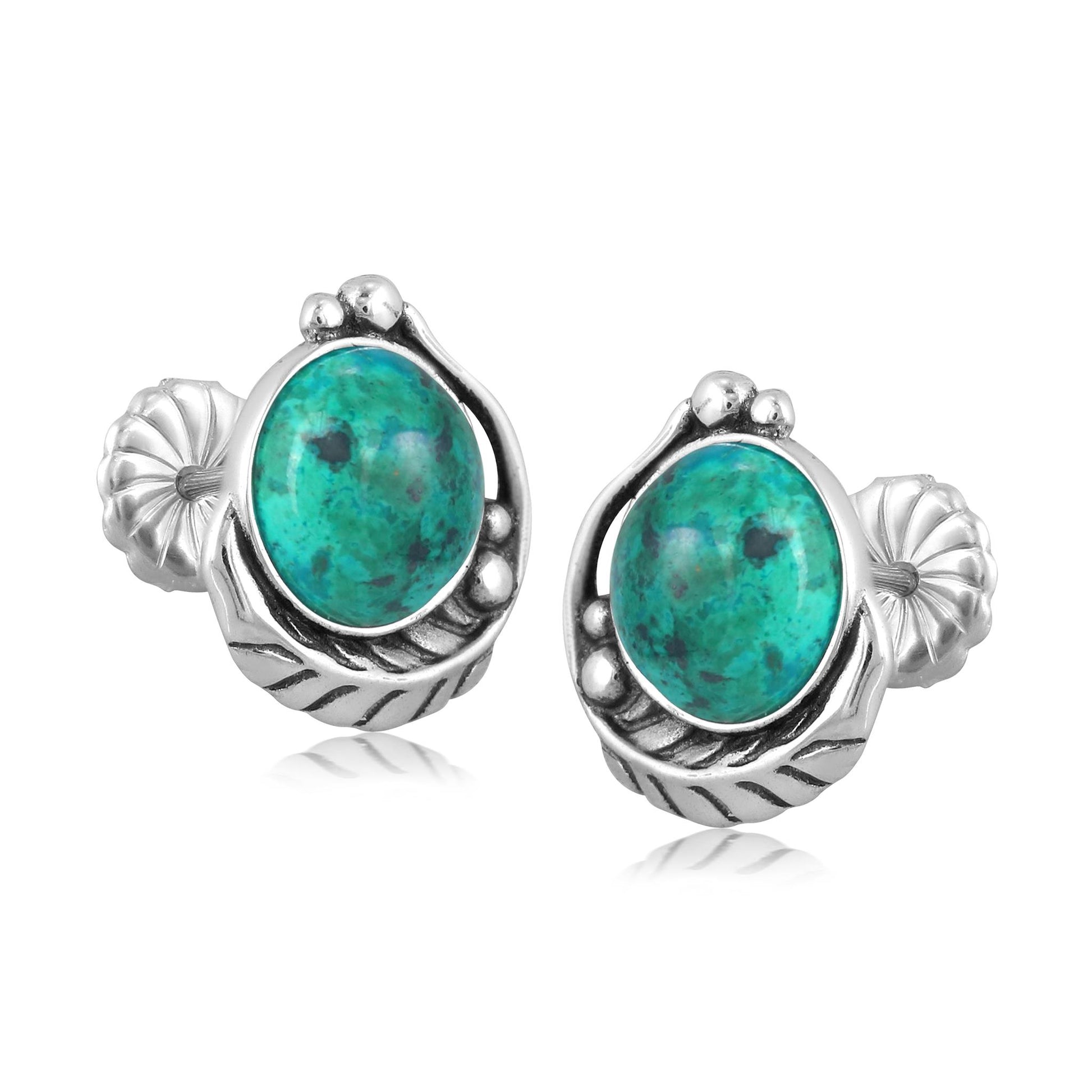 Sterling Silver Chrysocolla Leaf Design Button Earrings