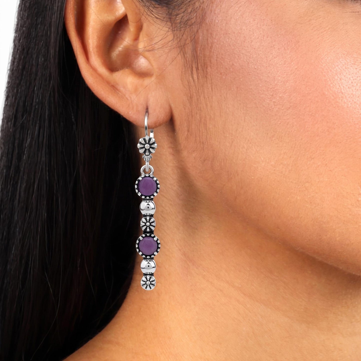 Sterling Silver Phosphosiderite Round Gemstone and Concha Linear Lever Back Earrings