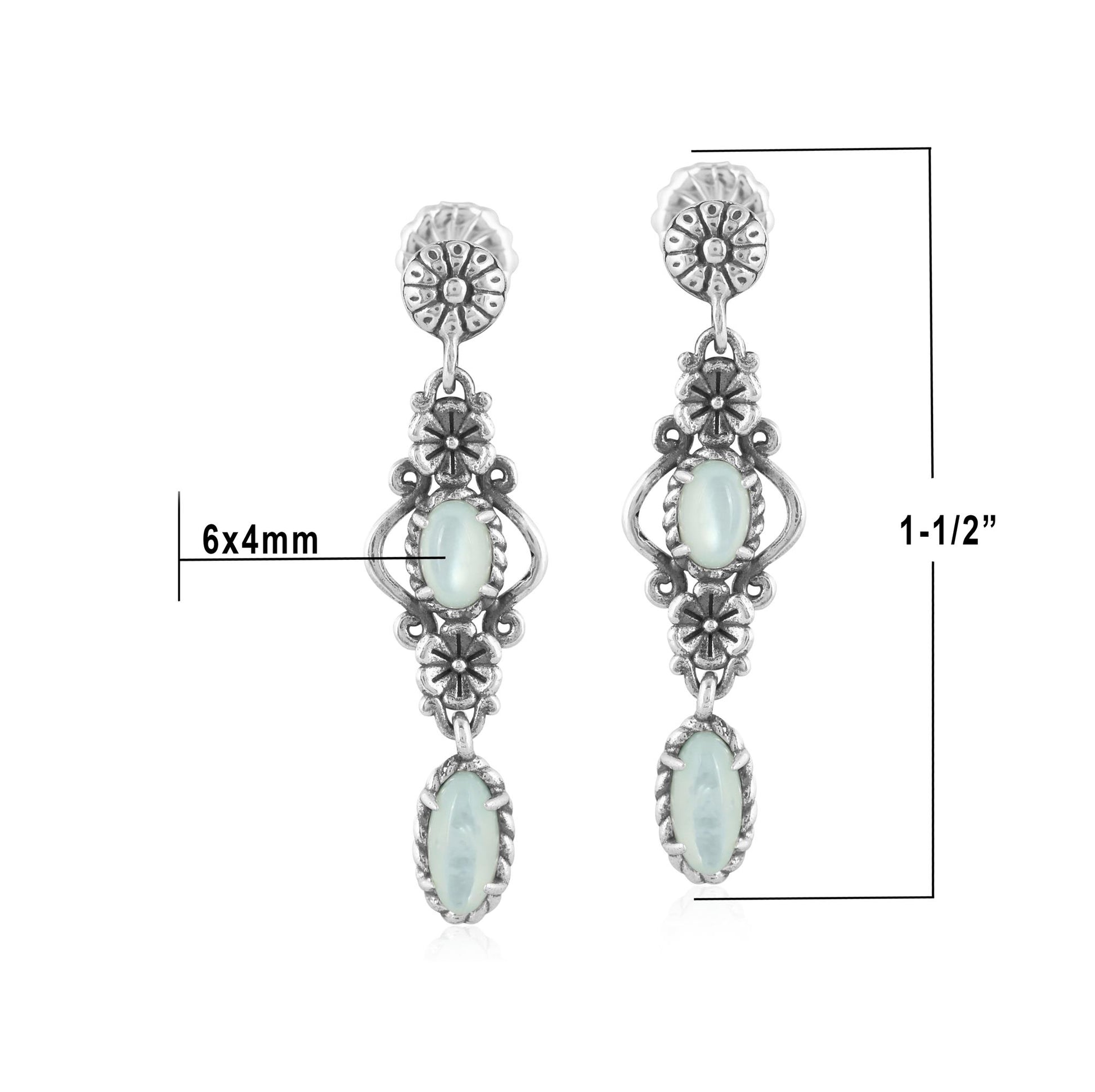 Sterling Silver White Mother of Pearl Gemstone Floral Dangle Earrings