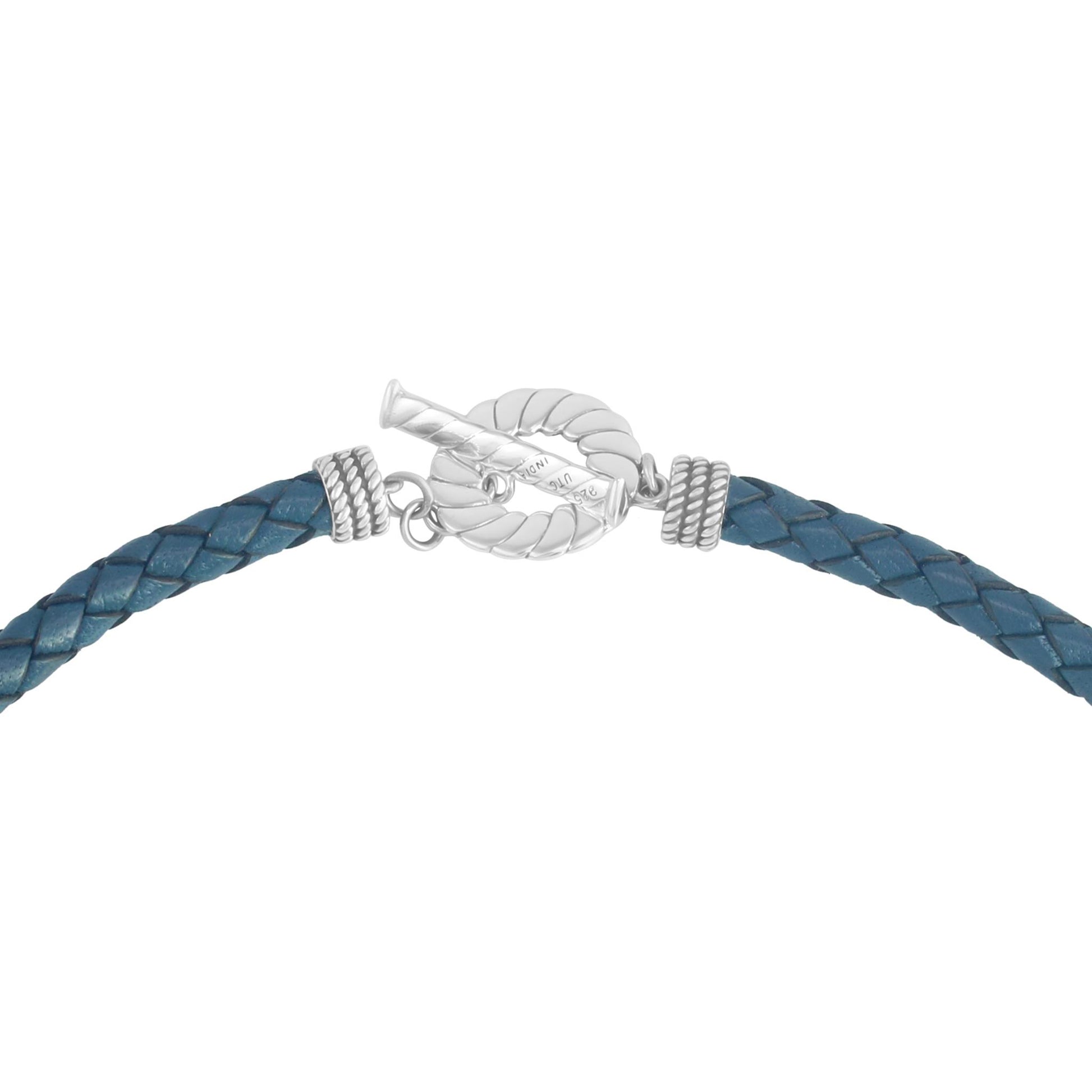 Sterling Silver Braided Blue Leather Toggle Necklace, 16 to 20 Inches