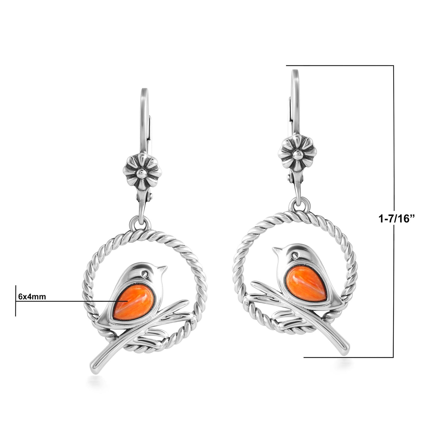 EXCLUSIVELY OURS! Sterling Silver Orange Spiny Oyster Bird and Branch Open Circle Dangle Earrings