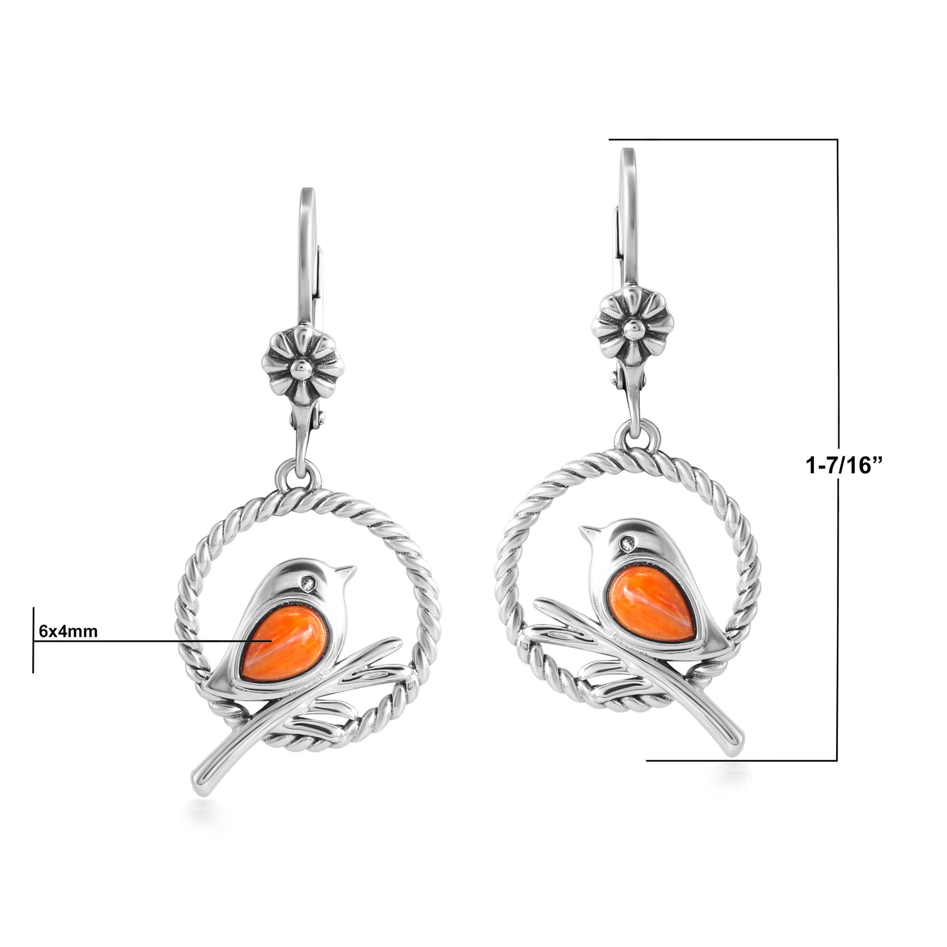 EXCLUSIVELY OURS! Sterling Silver Orange Spiny Oyster Bird and Branch Open Circle Dangle Earrings