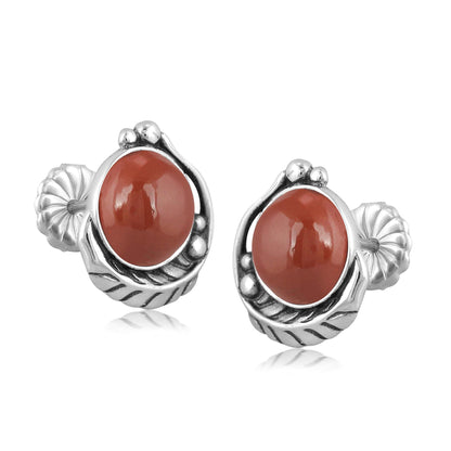 Sterling Silver Red Jasper Gemstone Leaf Design Button Earrings