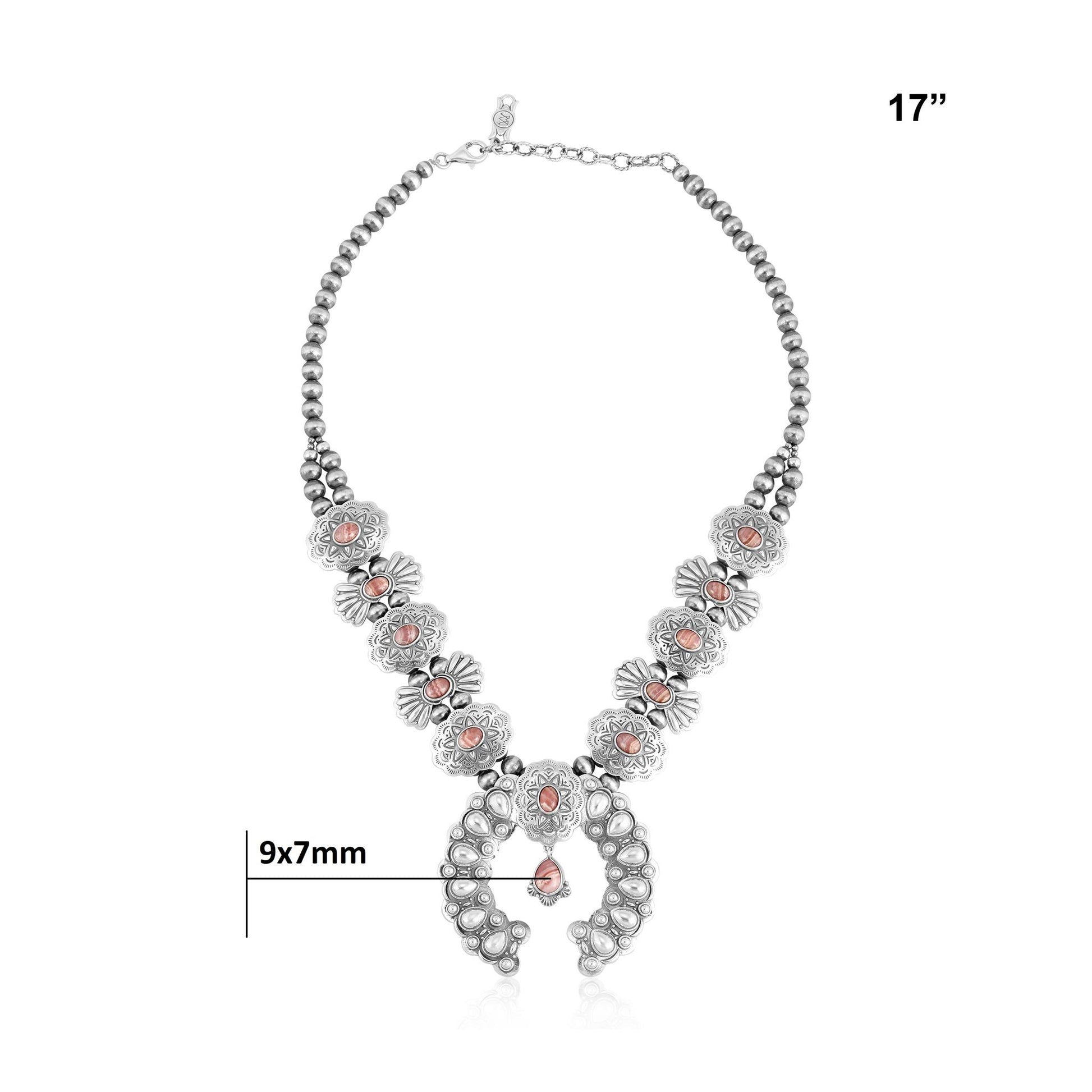 Sterling Silver Rhodochrosite Concha Butterfly Squash Blossom Necklace