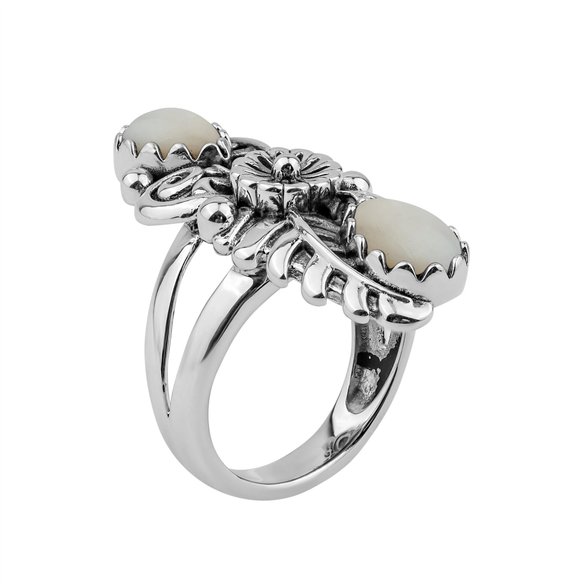  Sterling Silver White Mother of Pearl Pear-Cut Leaf and Flower Ring 
