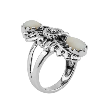  Sterling Silver White Mother of Pearl Pear-Cut Leaf and Flower Ring 