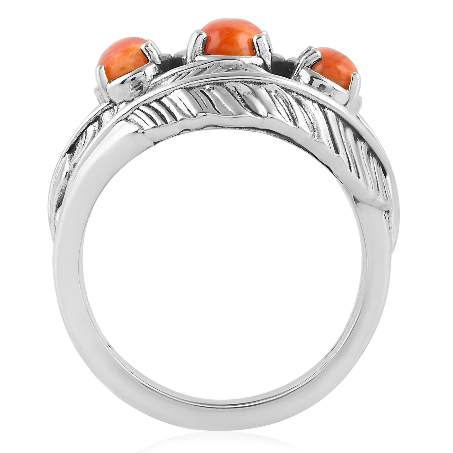 Sterling Silver Orange Spiny Oyster Three-Stone Oval Cut Feather Ring