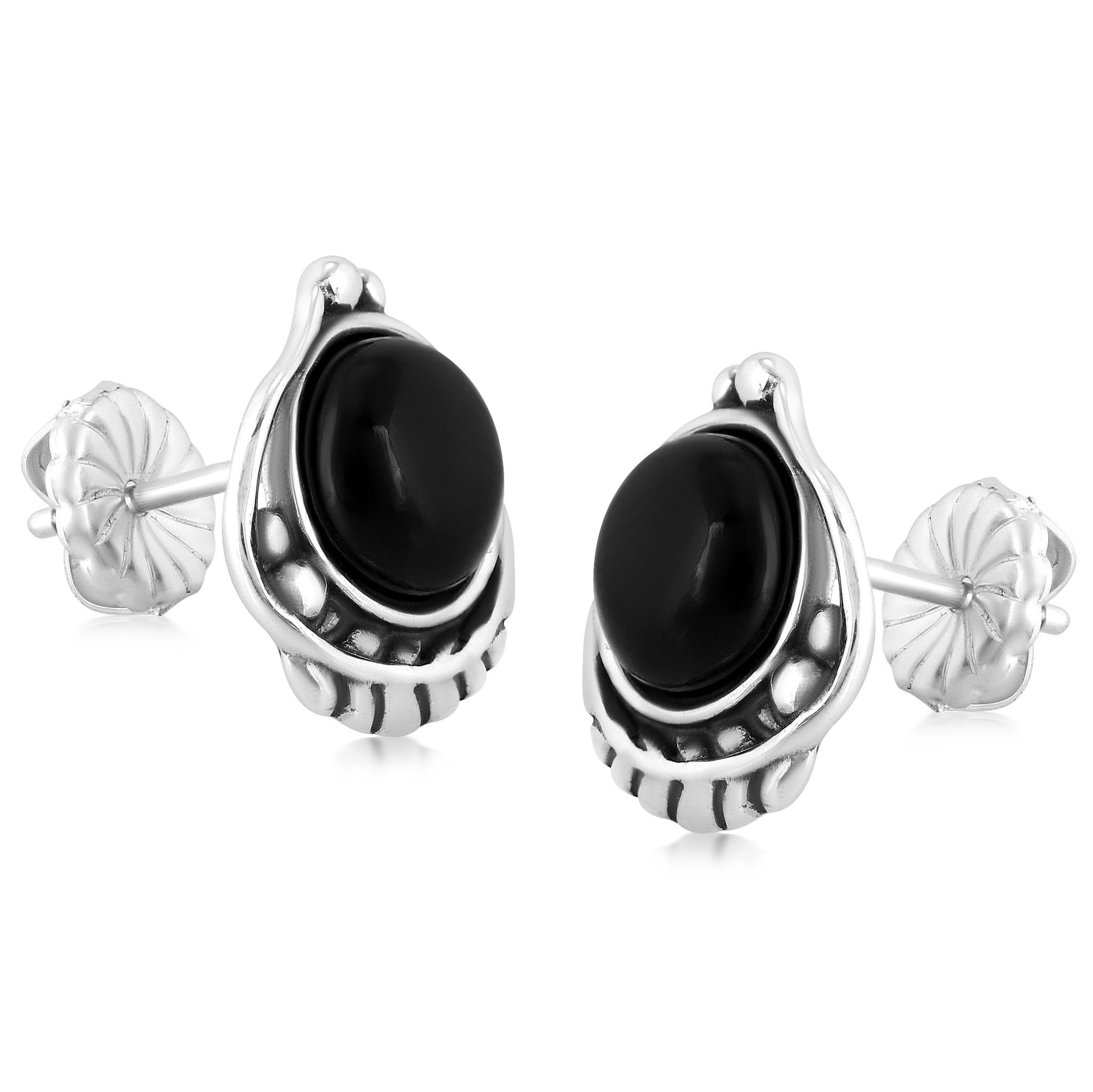 Sterling Silver Black Onyx Leaf Design Button Earrings