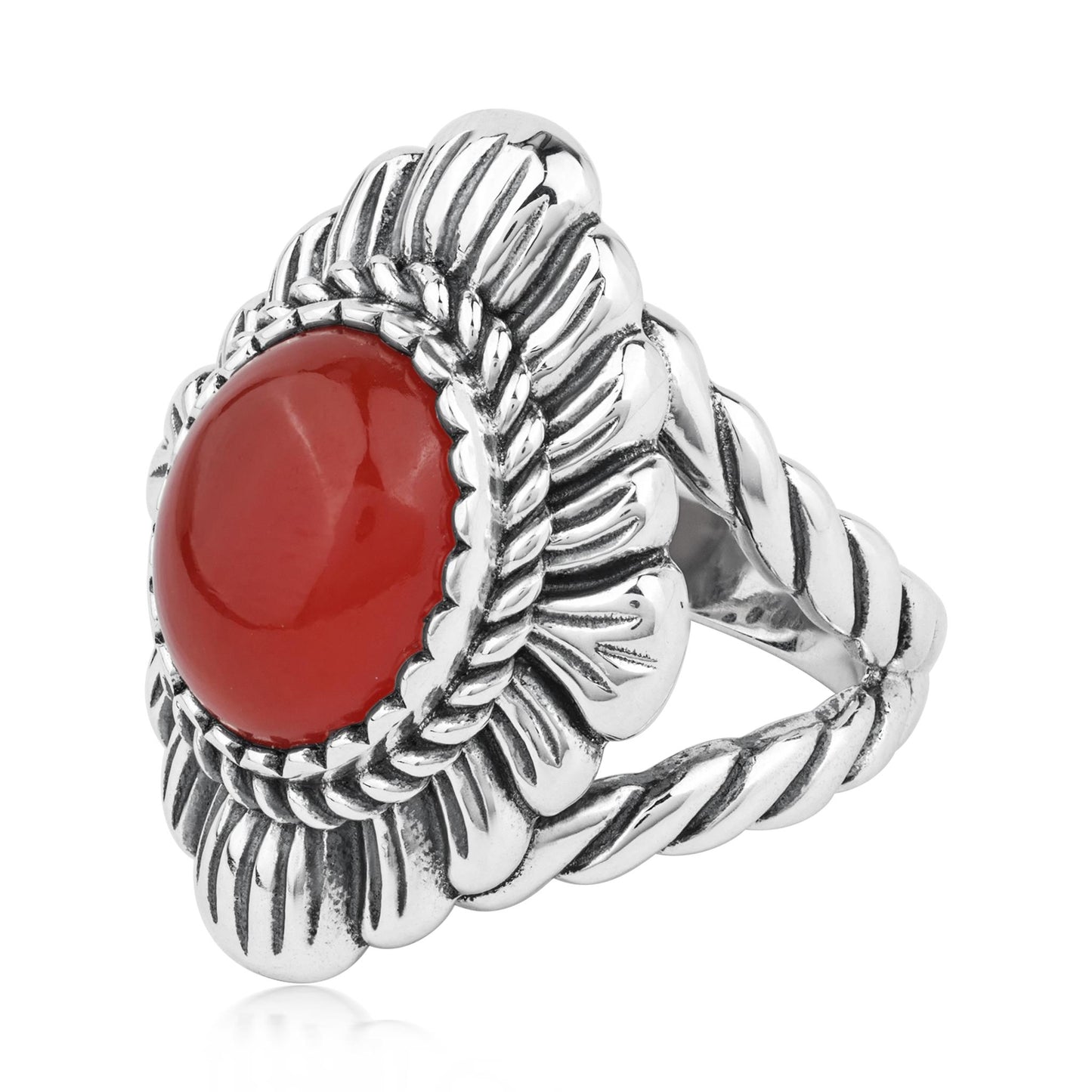 Sterling Silver Red Onyx Oval-Cut Rope Scallop Design Ring