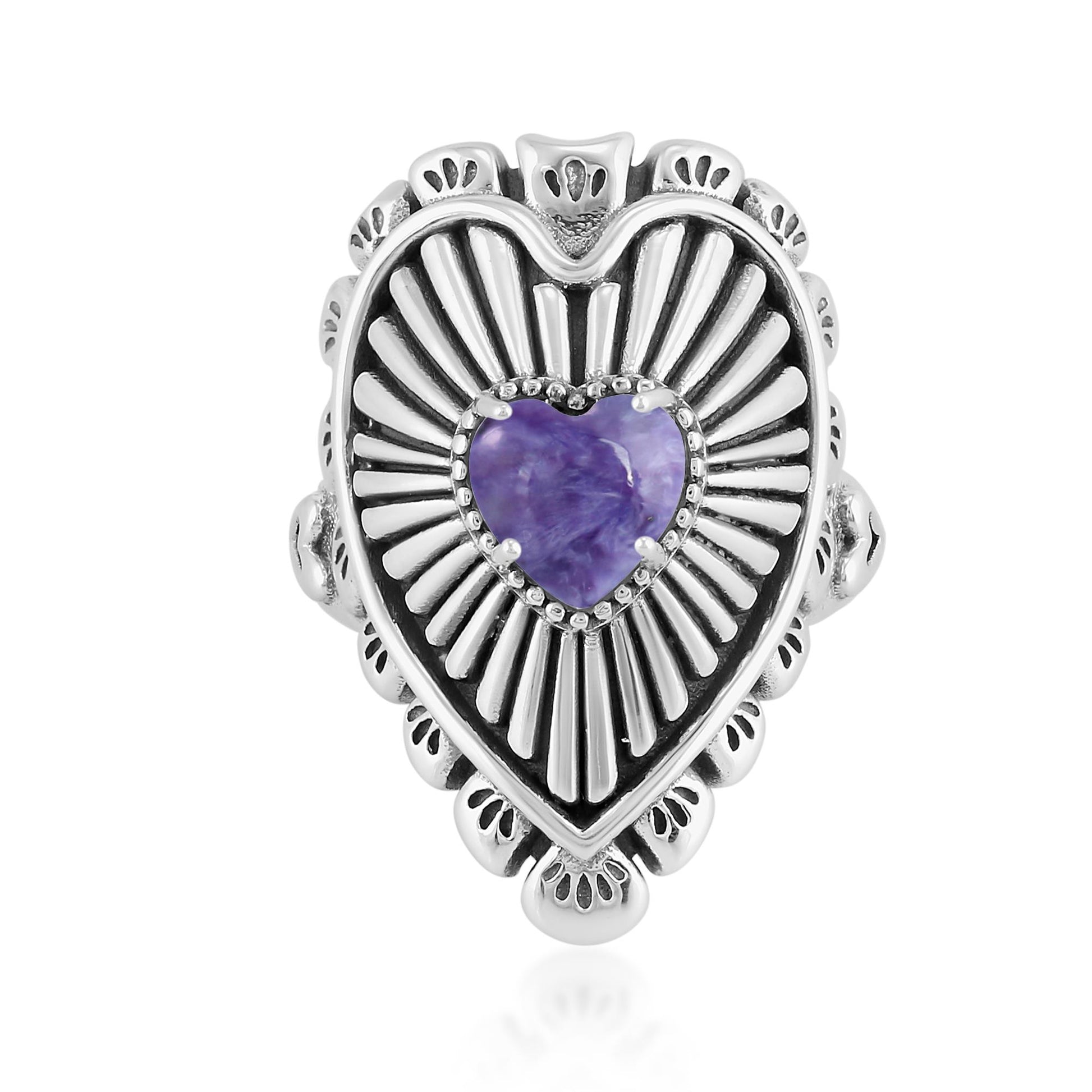 Sterling Silver Charoite Bold Heart Ring, Sizes 5 to 10