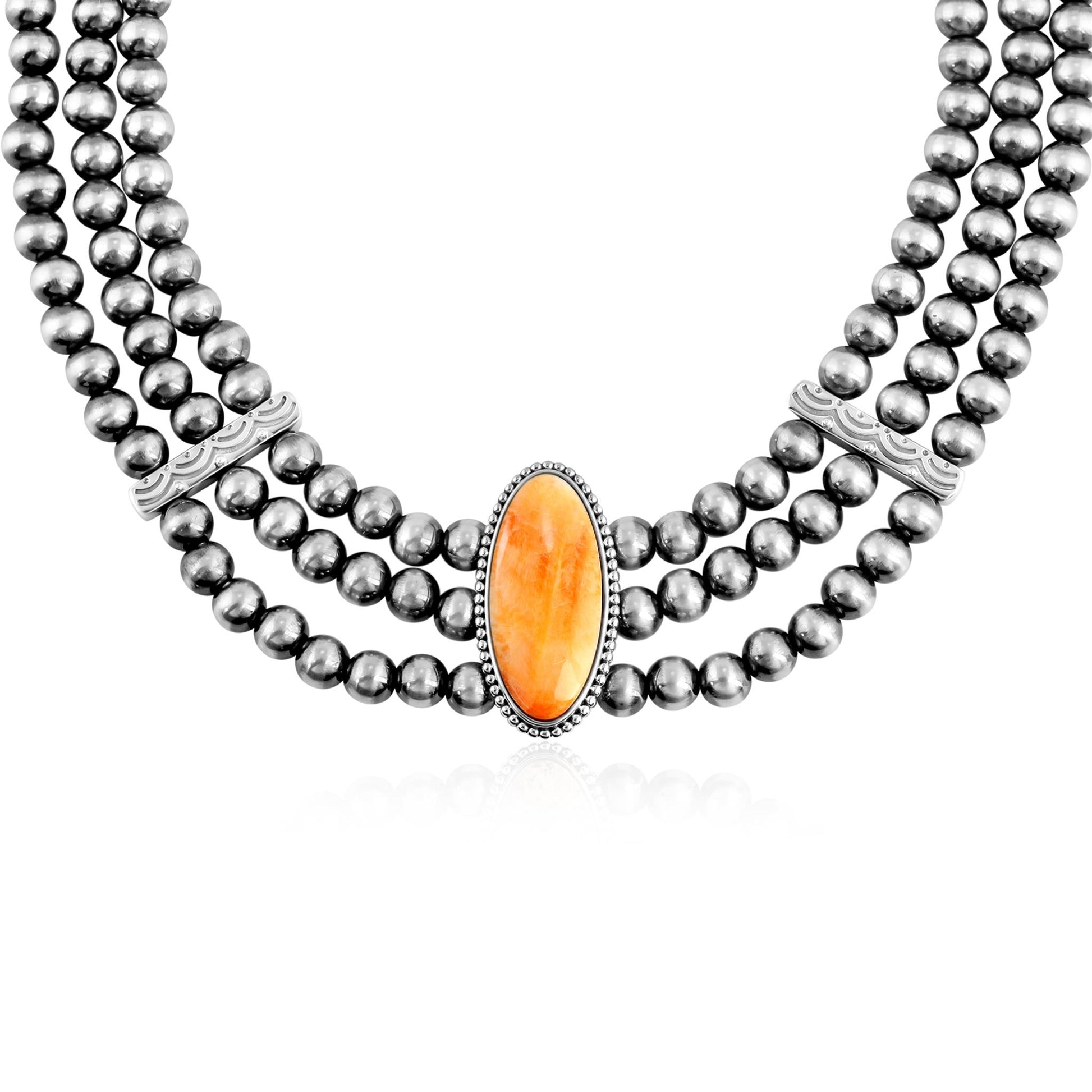 Sterling Silver Orange Spiny Oyster Oval Cut Triple-Row Beaded Necklace, 17 to 20 Inches