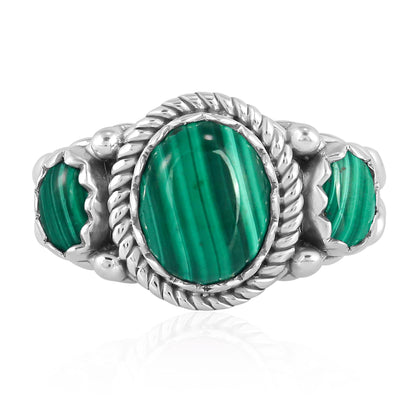 Sterling Silver Malachite 3-Stone Ring, Sizes 5 to 11