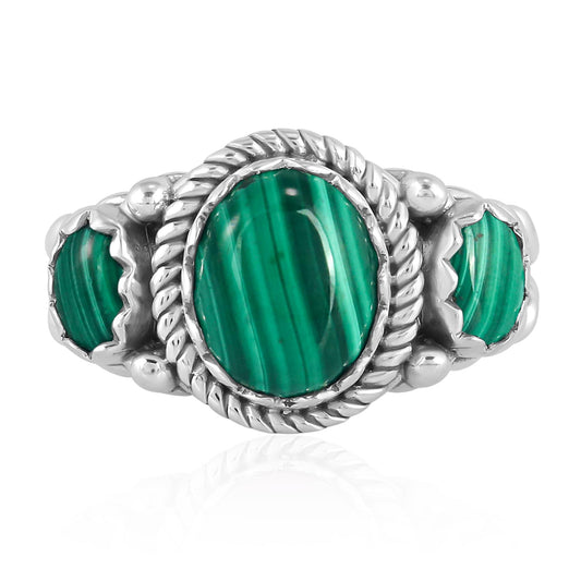 Sterling Silver Malachite 3-Stone Ring, Sizes 5 to 11
