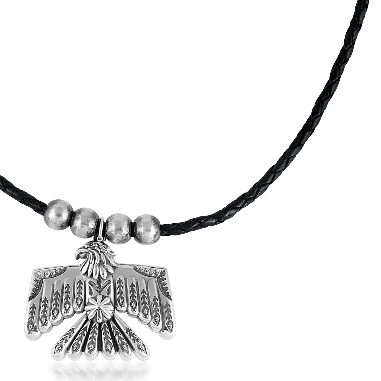 EXCLUSIVELY OURS! Sterling Silver Black Leather Thunderbird and Bead Pendant Necklace, 17 to 20 Inches