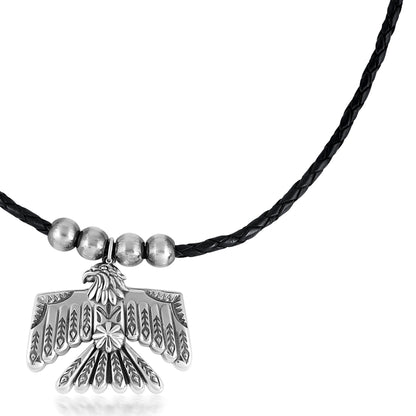 EXCLUSIVELY OURS! Sterling Silver Black Leather Thunderbird and Bead Pendant Necklace, 17 to 20 Inches