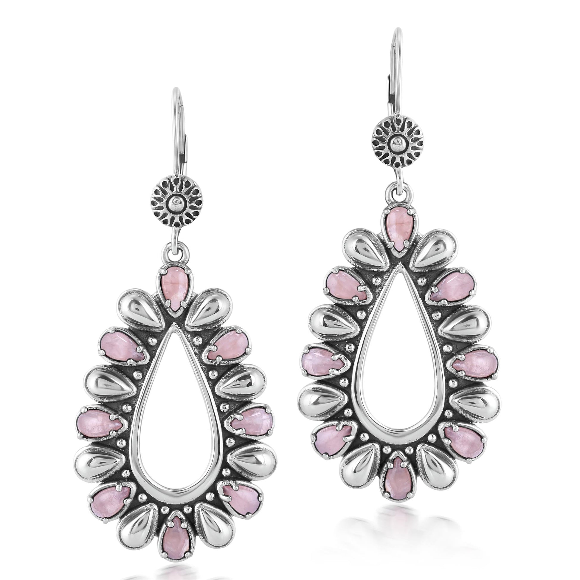 Sterling Silver Rhodochrosite Open Teardrop Pear-Cut Dangle Earrings