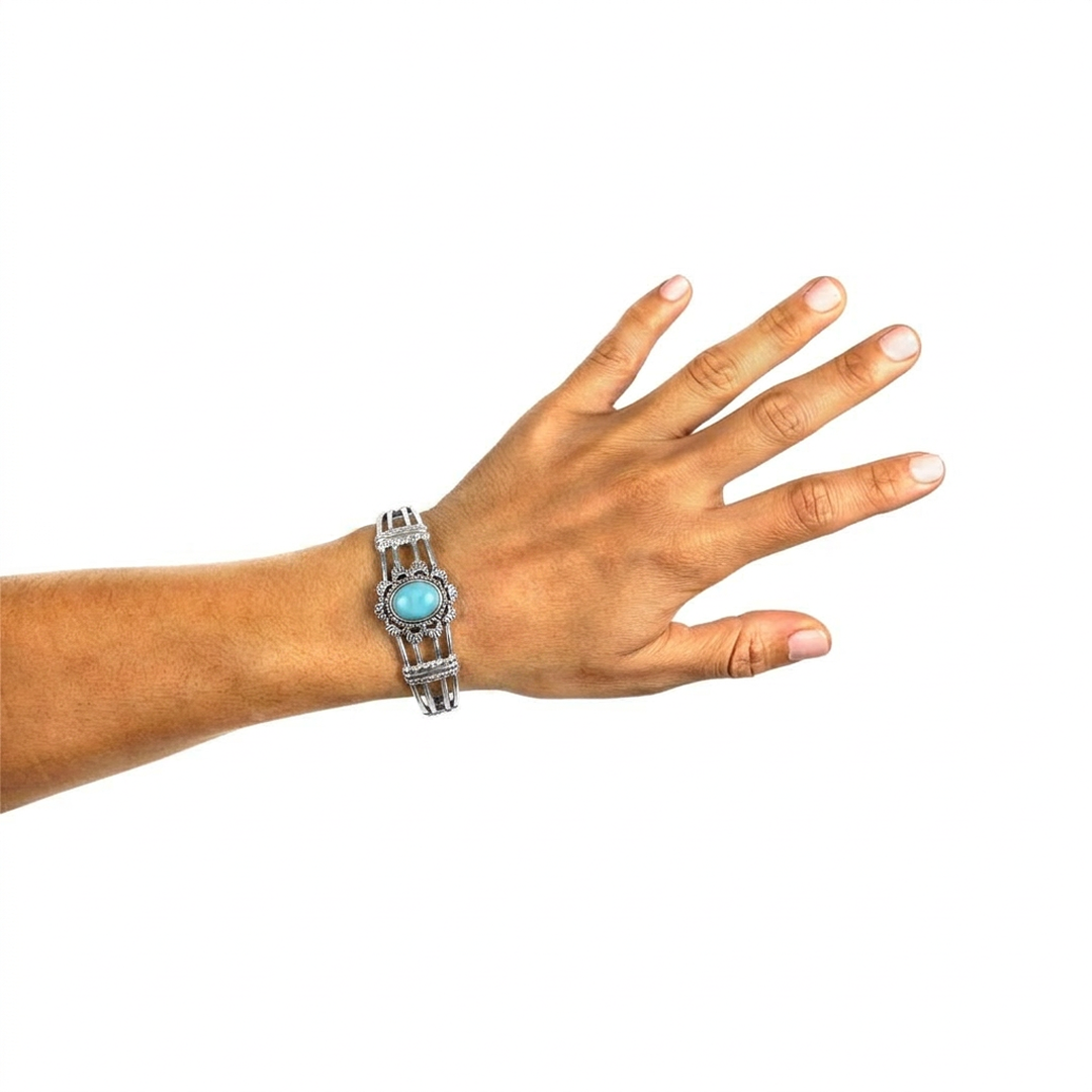  Sterling Silver Kingman Turquoise Oval Scallop Open Cuff Bracelet