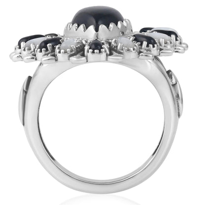 LIMITED EDITION! Sterling Silver Black Onyx and White Mother of Pearl Pear-Shaped Cluster Ring
