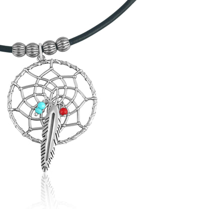 Sterling Silver Kingman Turquoise and Red Coral Brown Leather Dreamcatcher Necklace