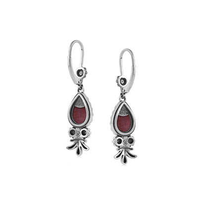  Sterling Silver Rhodonite Teardrop Concha Squash Blossom Dangle Earrings