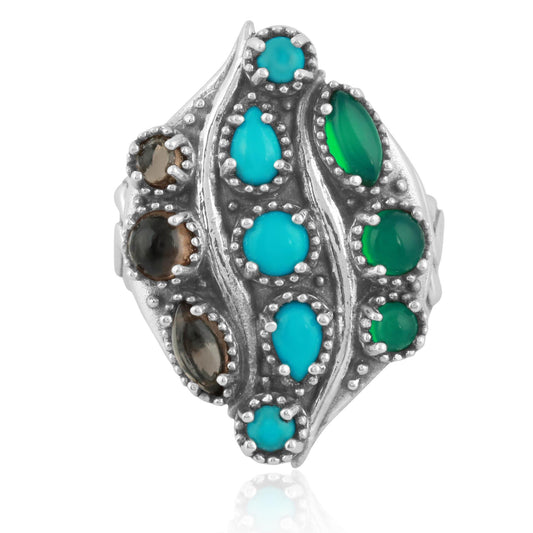 Sterling Silver Sleeping Beauty Turquoise, Green Onyx and Smoky Quartz Rio Grande Ring