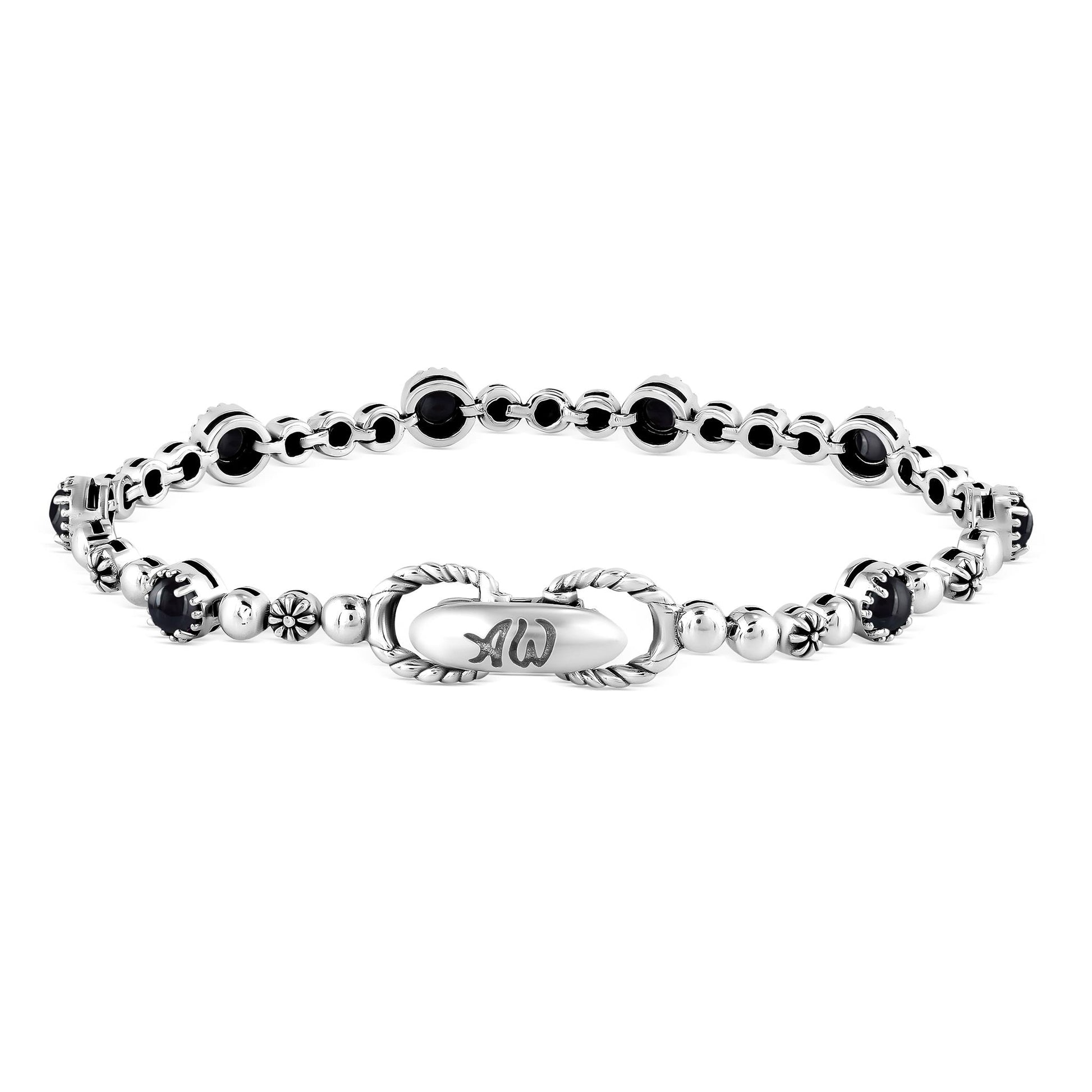 Sterling Silver Black Onyx Round Beaded Bracelet