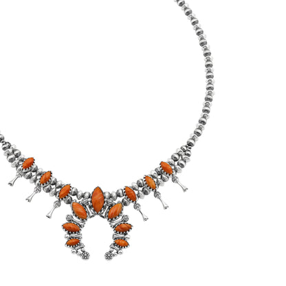  Sterling Silver Orange Spiny Oyster Marquise-Cut Squash Blossom Necklace