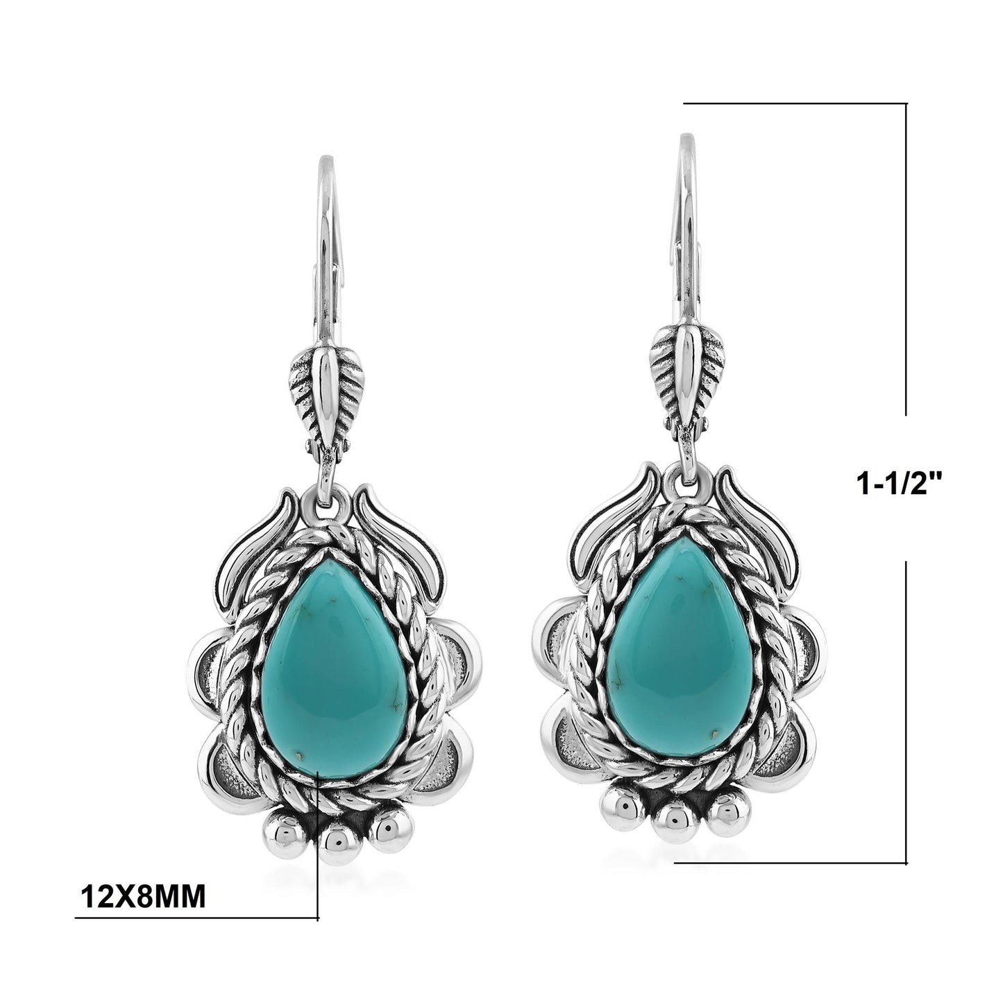 Sterling Silver Kingman Turquoise Pear-Cut Rope Design Lever Back Earrings