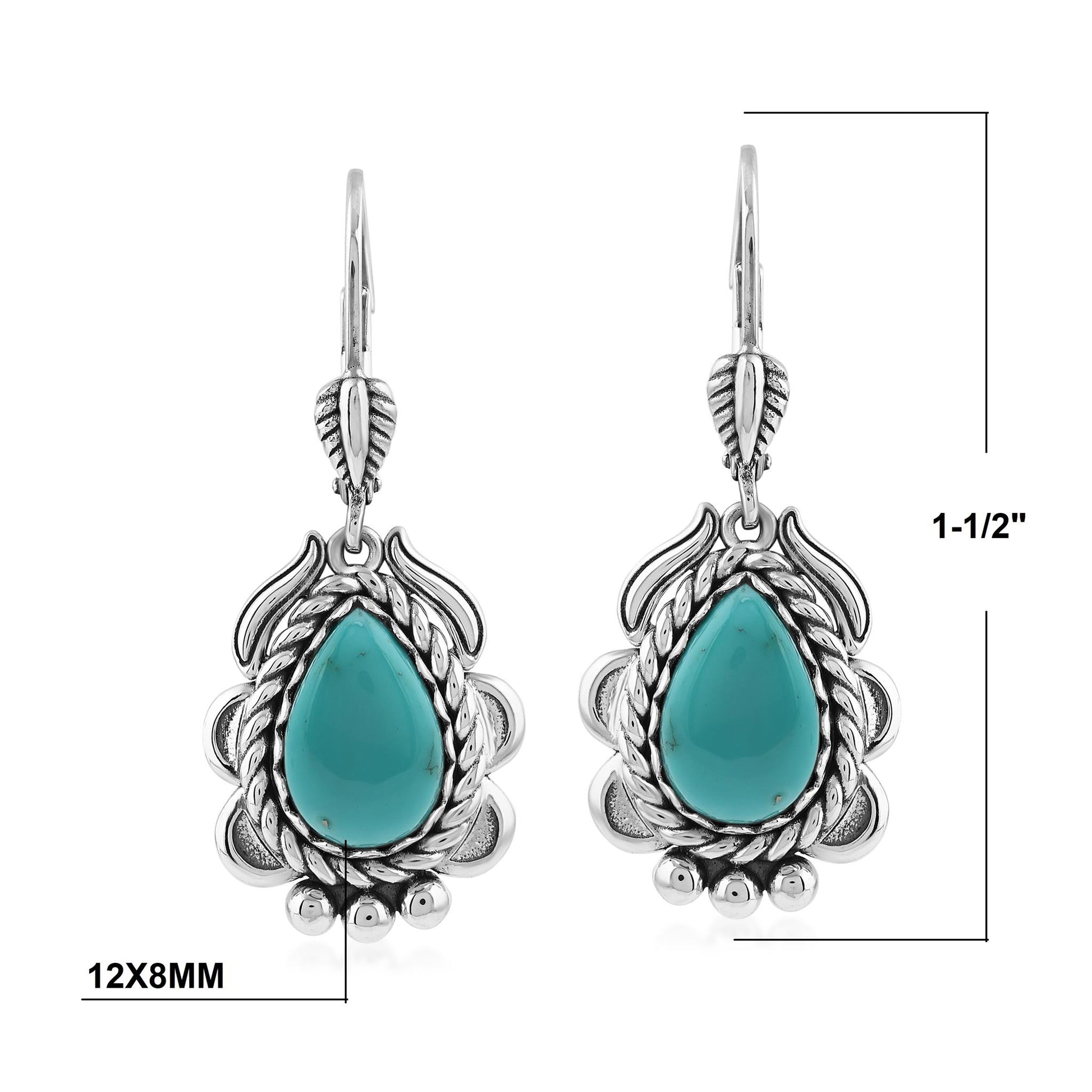 Sterling Silver Kingman Turquoise Pear-Cut Rope Design Lever Back Earrings